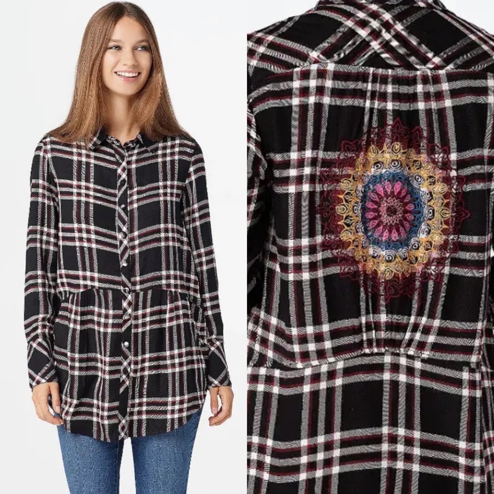 Tolani Collection Plaid Embroidered Back Tunic
